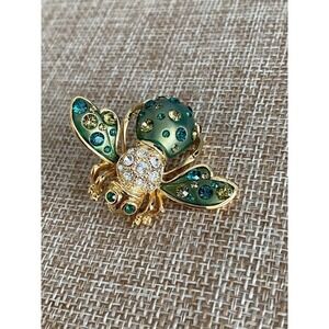 Joan Rivers Large GREEN COSMIC BEE PIN Bug Brooch Crystal Rhinestones